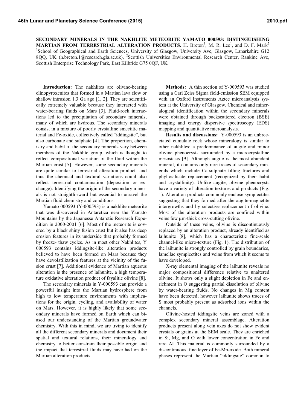 Secondary Minerals in the Nakhlite Meteorite Yamato 000593: Distinguishing Martian from Terrestrial Alteration Products