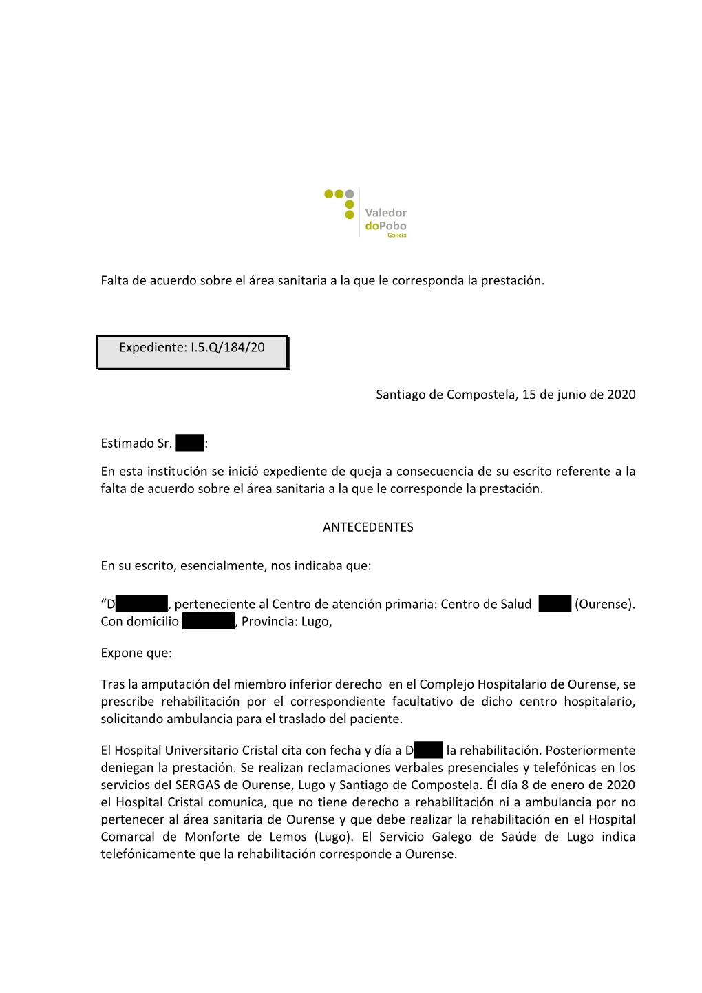 Falta De Acuerdo Sobre El Área Sanitaria a La Que Le Corresponda La Prestación