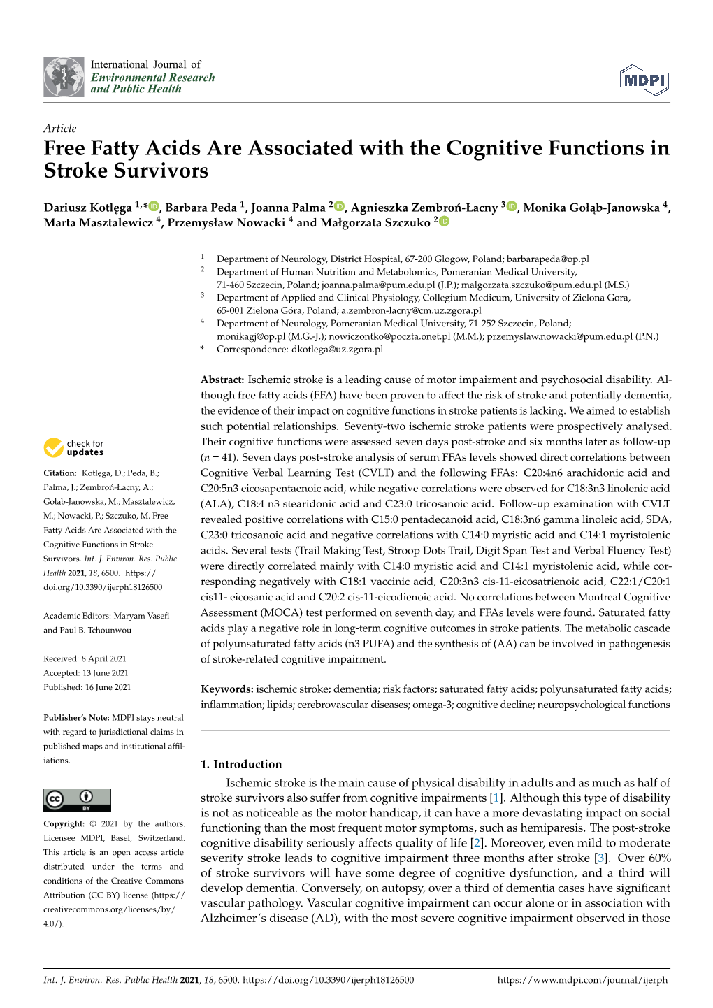 Free Fatty Acids Are Associated with the Cognitive Functions in Stroke Survivors