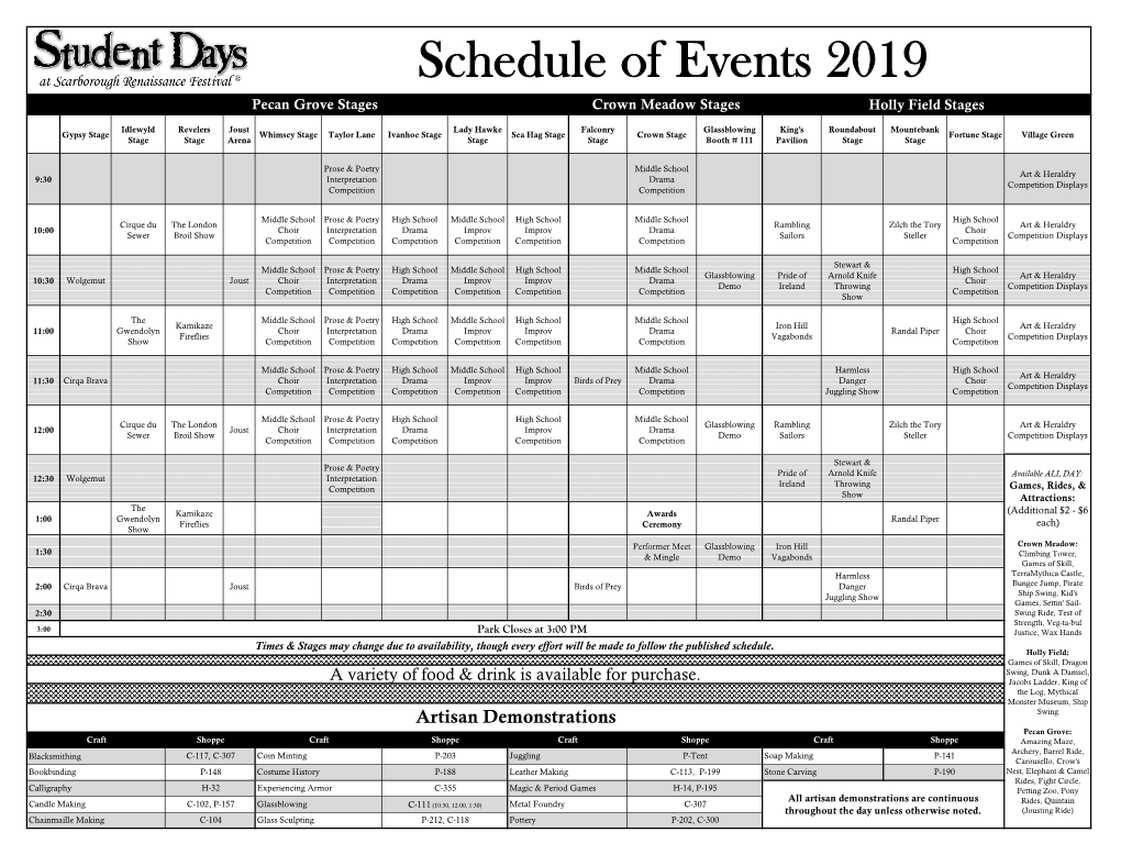 Schedule of Events 2019 Pecan Grove Stages Crown Meadow Stages Holly Field Stages