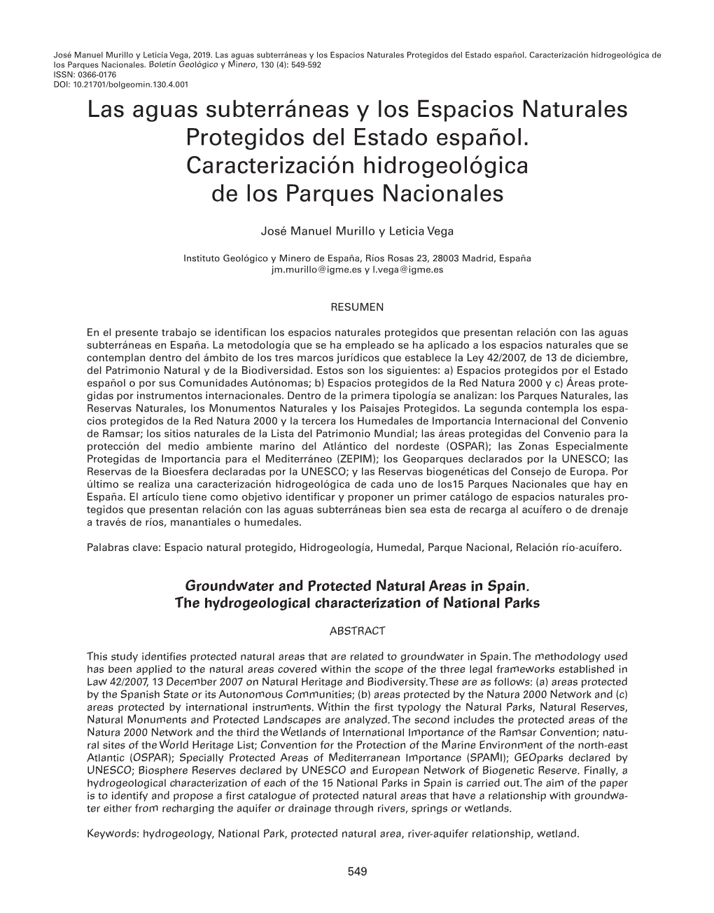 Las Aguas Subterráneas Y Los Espacios Naturales Protegidos Del Estado Español