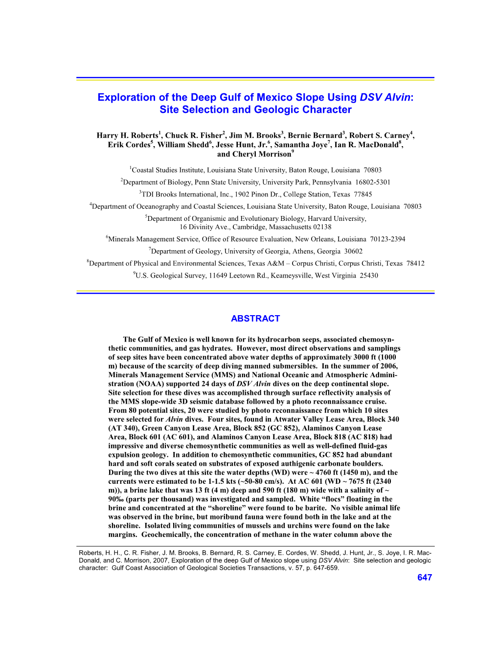 Exploration of the Deep Gulf of Mexico Slope Using DSV Alvin: Site Selection and Geologic Character