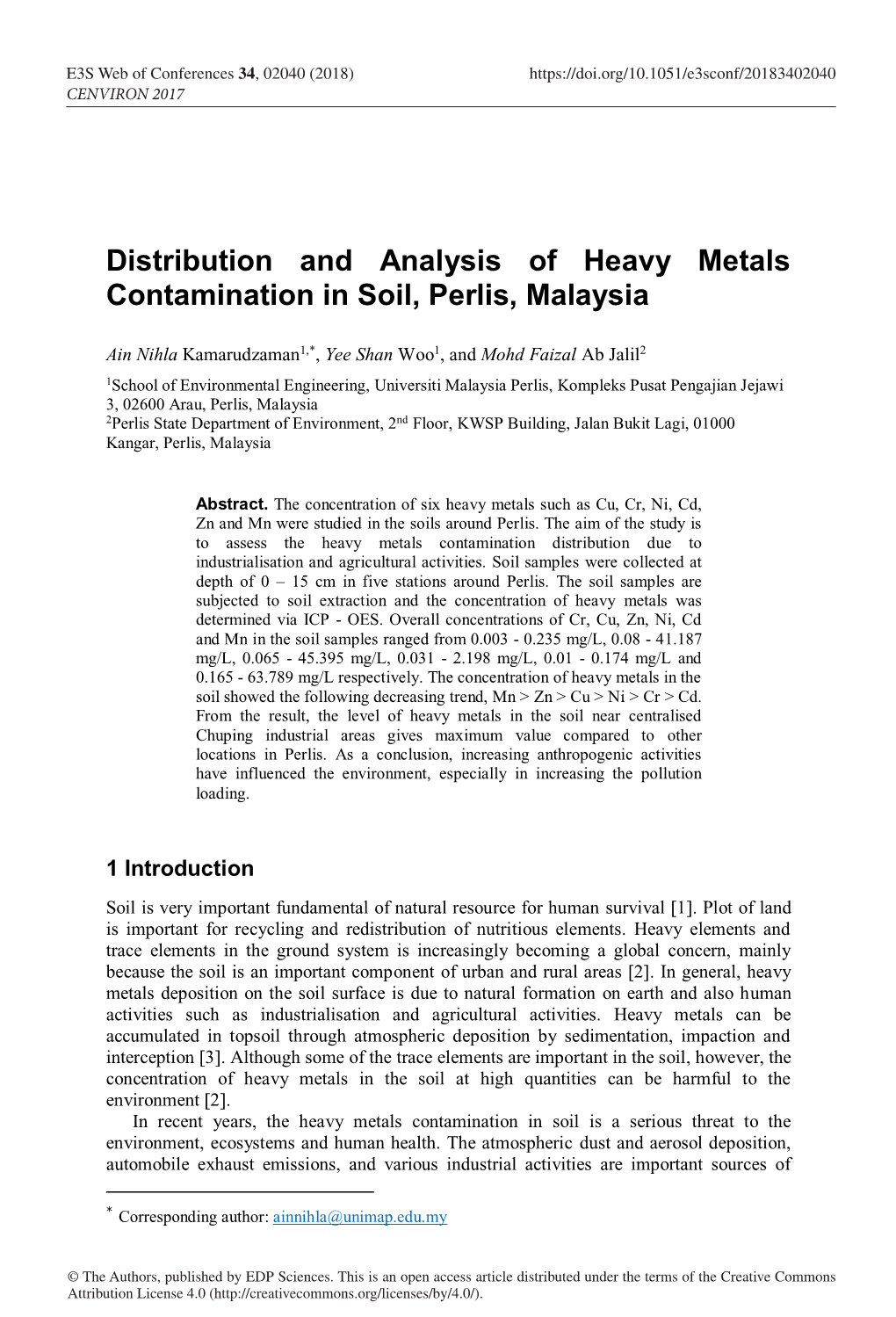 Distribution and Analysis of Heavy Metals Contamination in Soil, Perlis, Malaysia