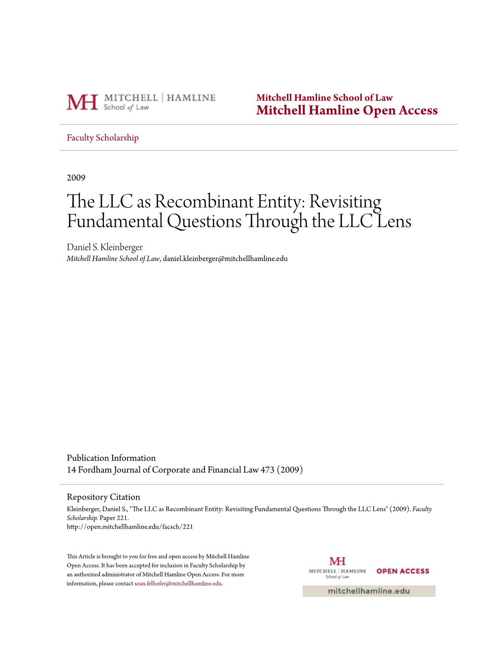 The LLC As Recombinant Entity: Revisiting Fundamental Questions Through the LLC Lens