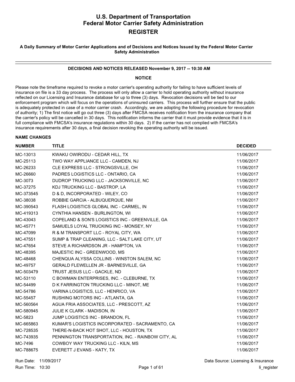 U.S. Department of Transportation Federal Motor Carrier Safety Administration REGISTER