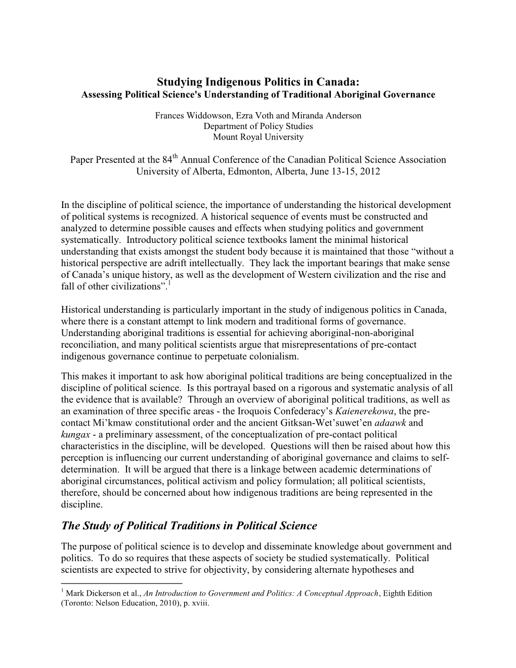 Studying Indigenous Politics in Canada: Assessing Political Science's Understanding of Traditional Aboriginal Governance