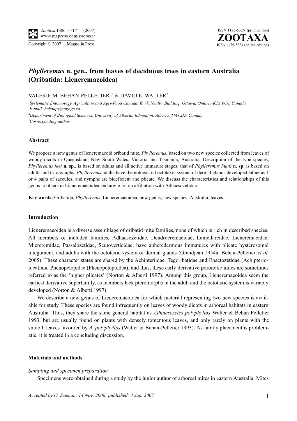 Zootaxa 1386: 1–17 (2007) ISSN 1175-5326 (Print Edition) ZOOTAXA Copyright © 2007 · Magnolia Press ISSN 1175-5334 (Online Edition)