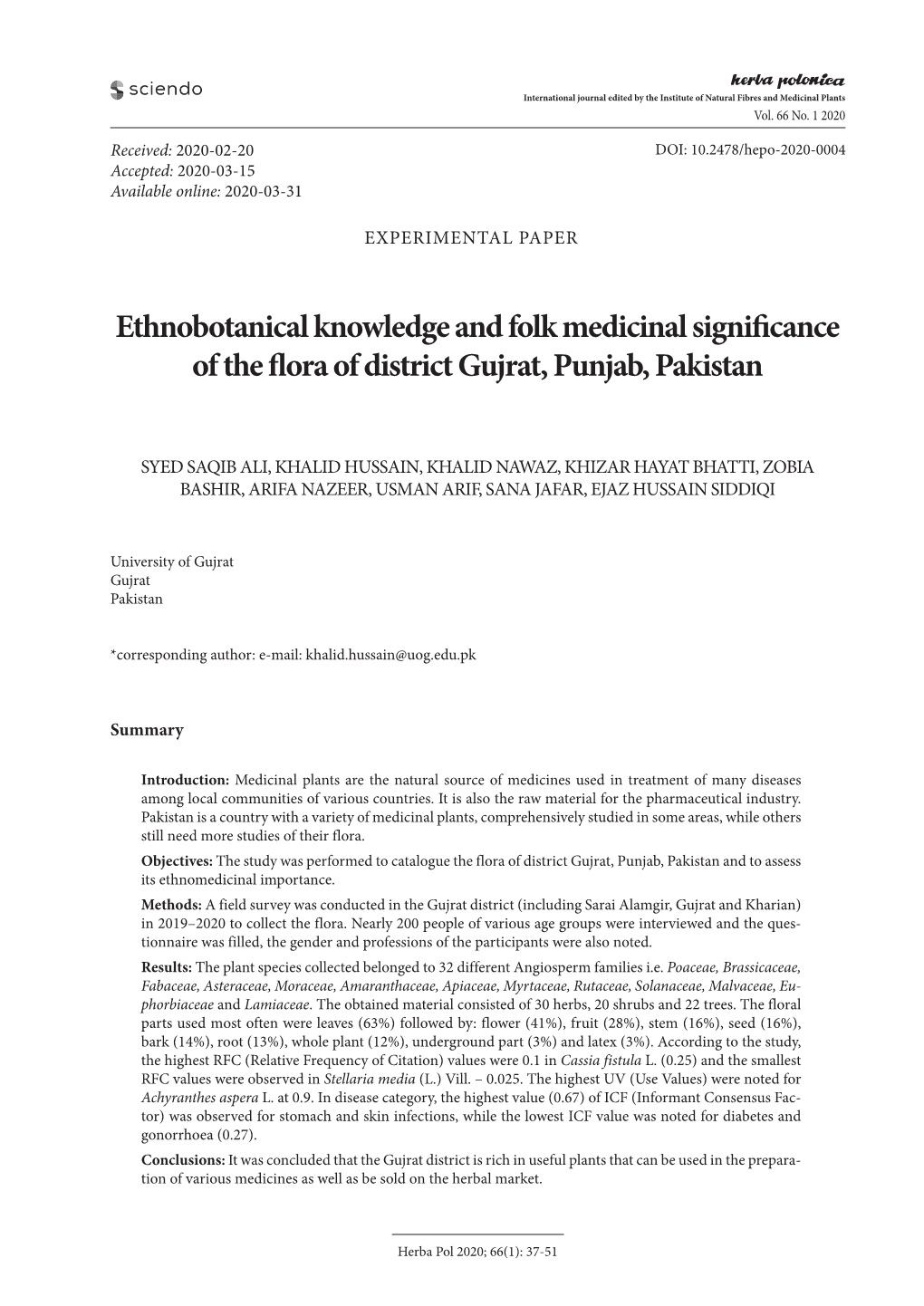 Ethnobotanical Knowledge and Folk Medicinal Significance of the Flora of District Gujrat, Punjab, Pakistan