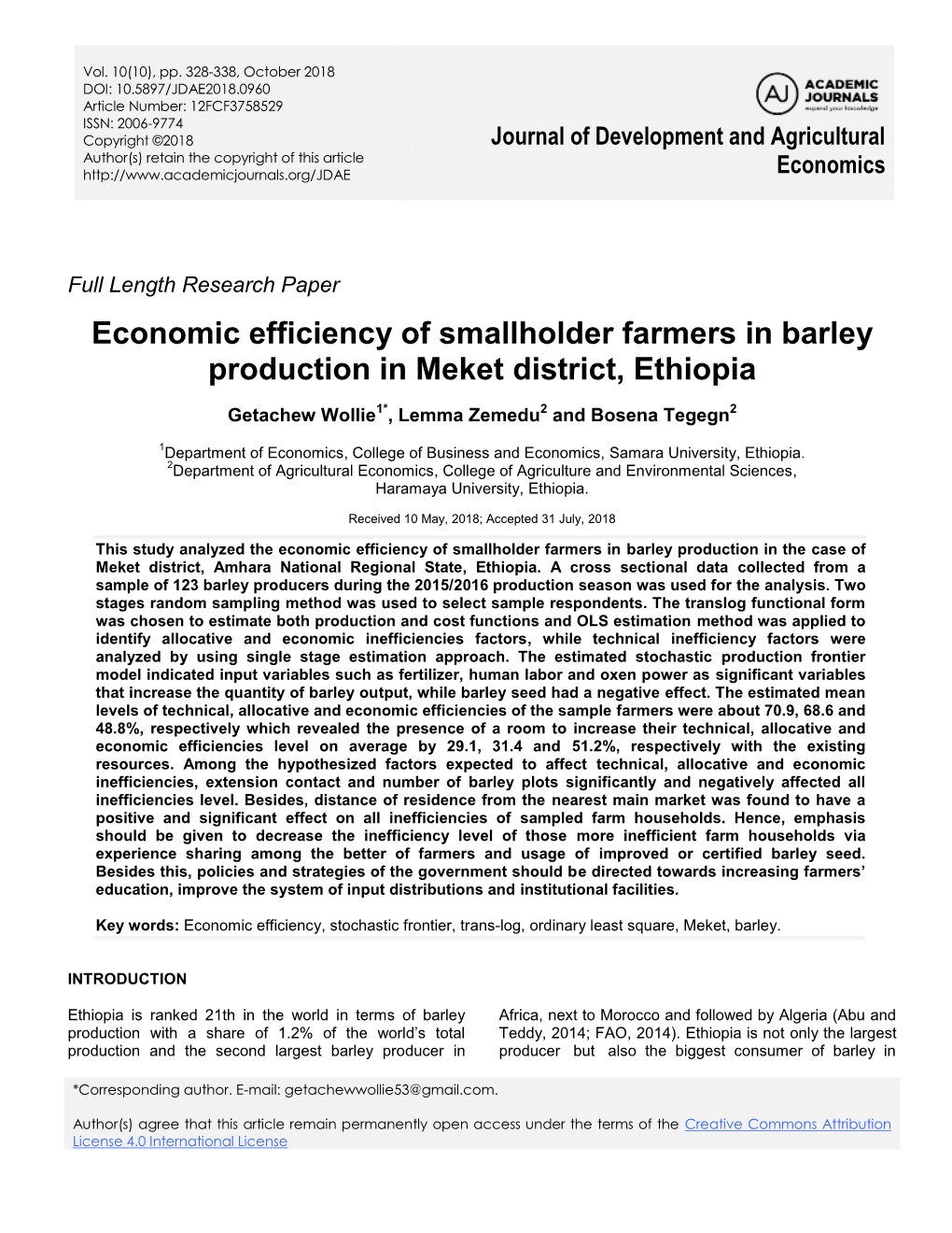 Economic Efficiency of Smallholder Farmers in Barley Production in Meket District, Ethiopia