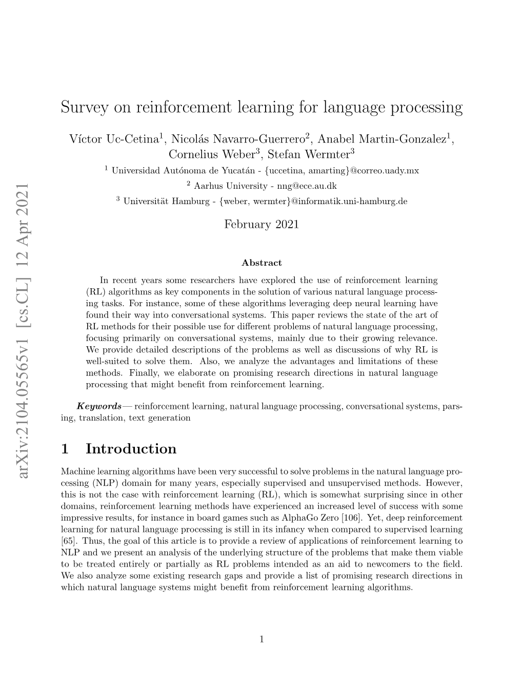 Survey on Reinforcement Learning for Language Processing