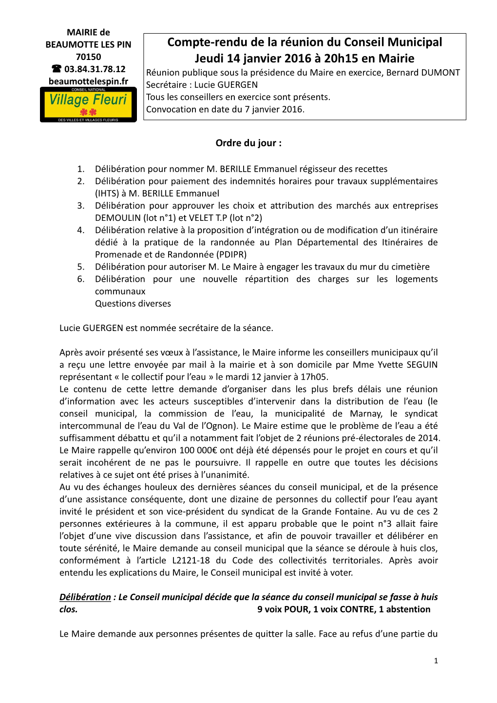 Compte-Rendu De La Réunion Du Conseil Municipal Jeudi 14 Janvier