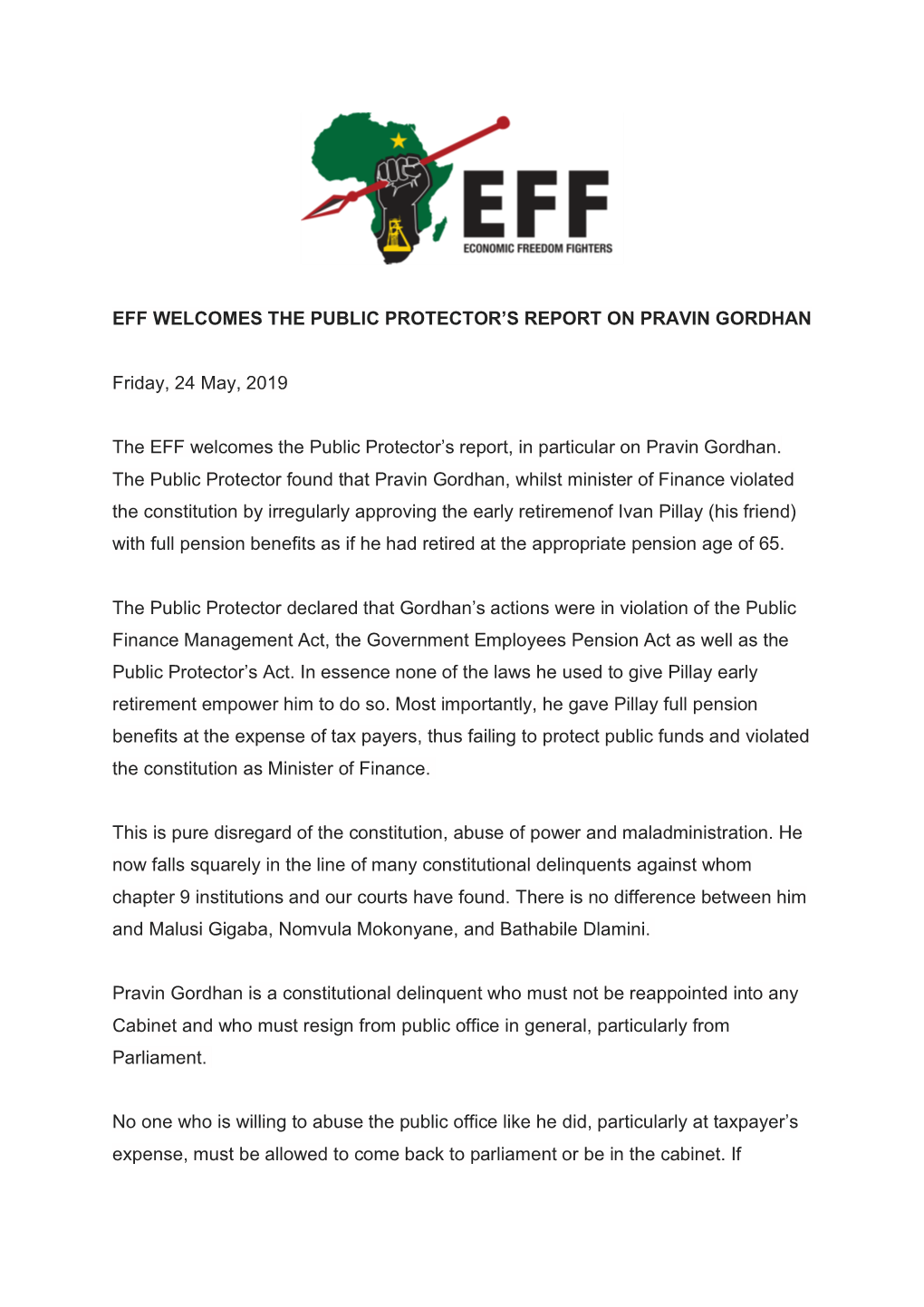 Eff Welcomes the Public Protector's Report On