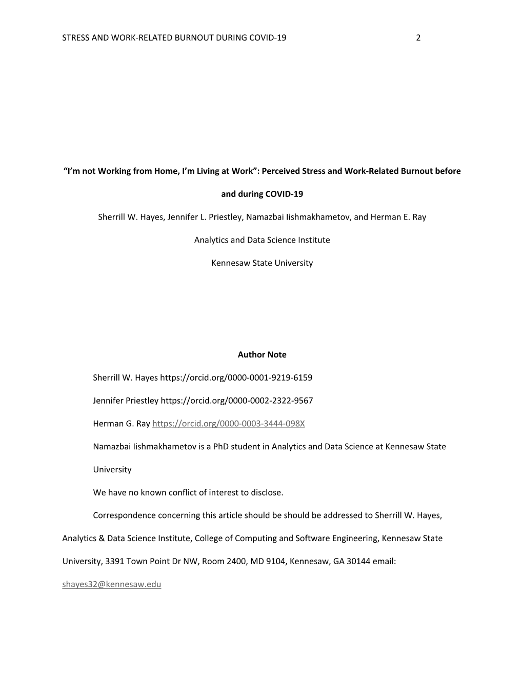 Stress and Work-Related Burnout During Covid-19 2