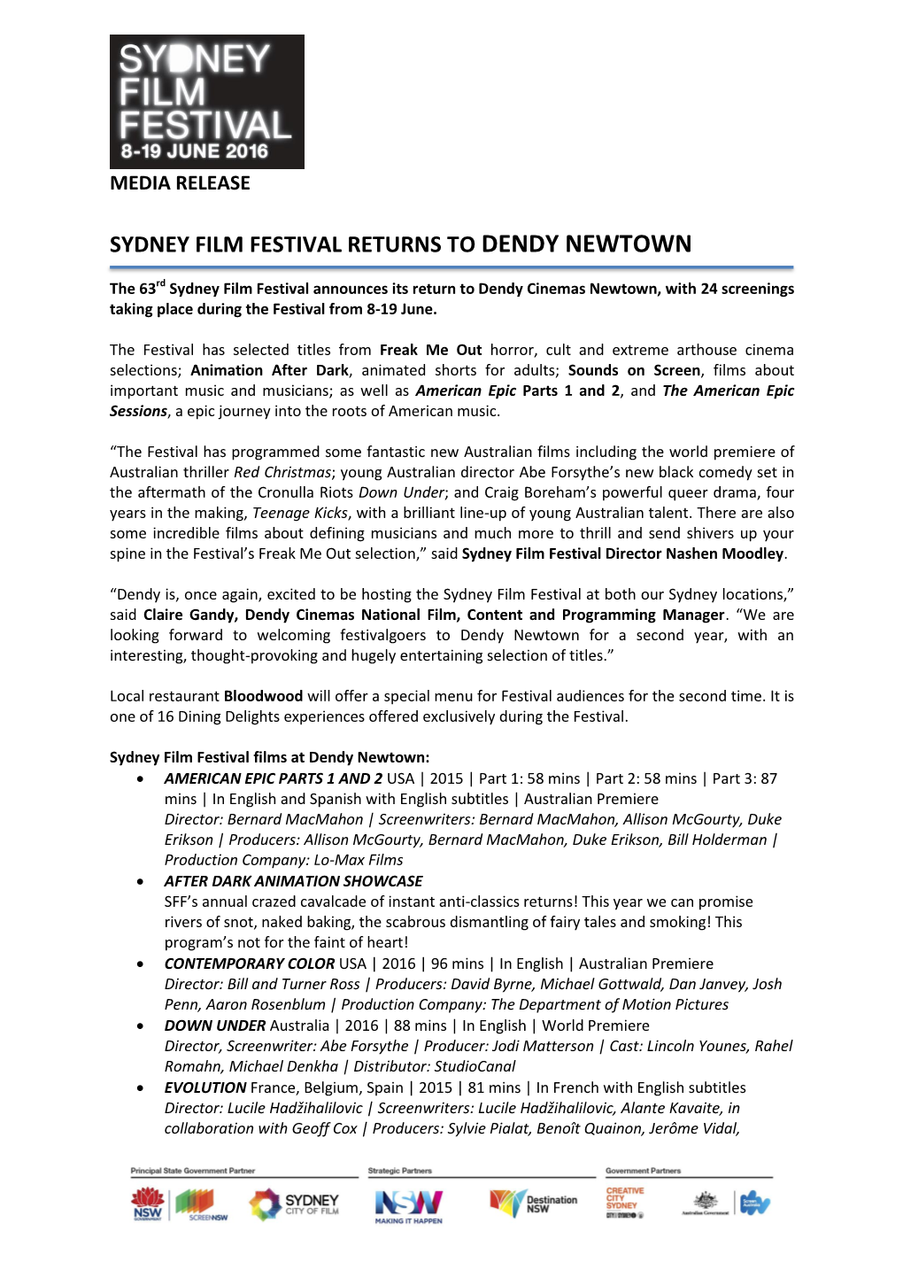 Sydney Film Festival Returns to Dendy Newtown