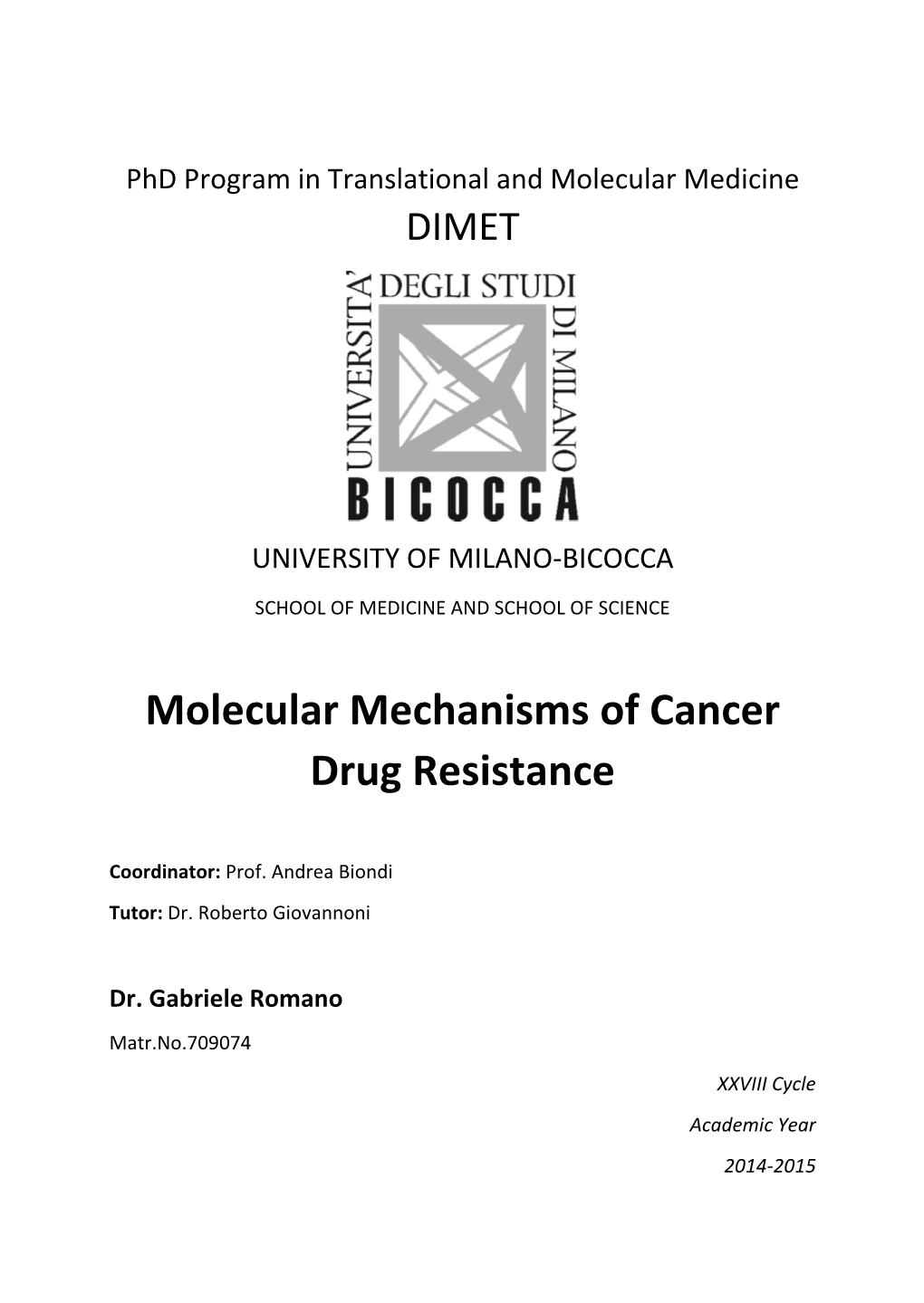 Molecular Mechanisms of Cancer Drug Resistance