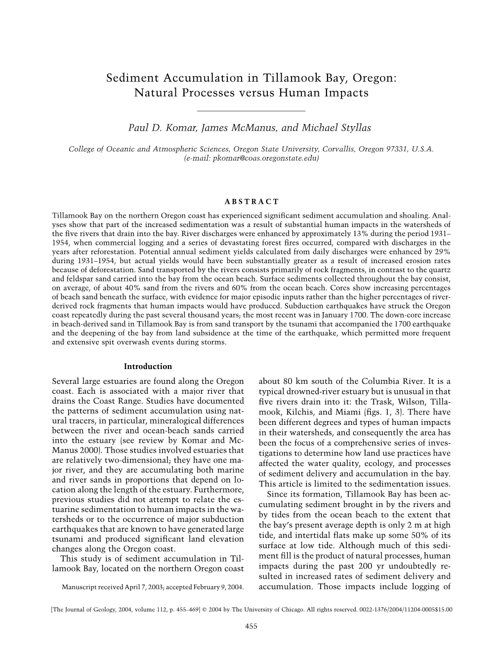 Sediment Accumulation in Tillamook Bay, Oregon: Natural Processes Versus Human Impacts