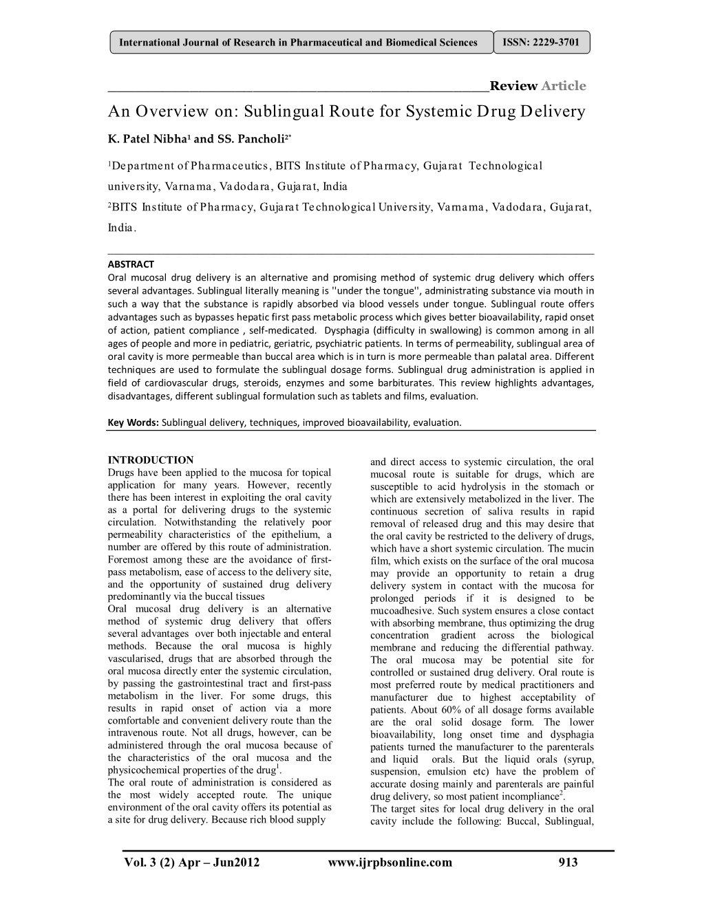 An Overview On: Sublingual Route for Systemic Drug Delivery