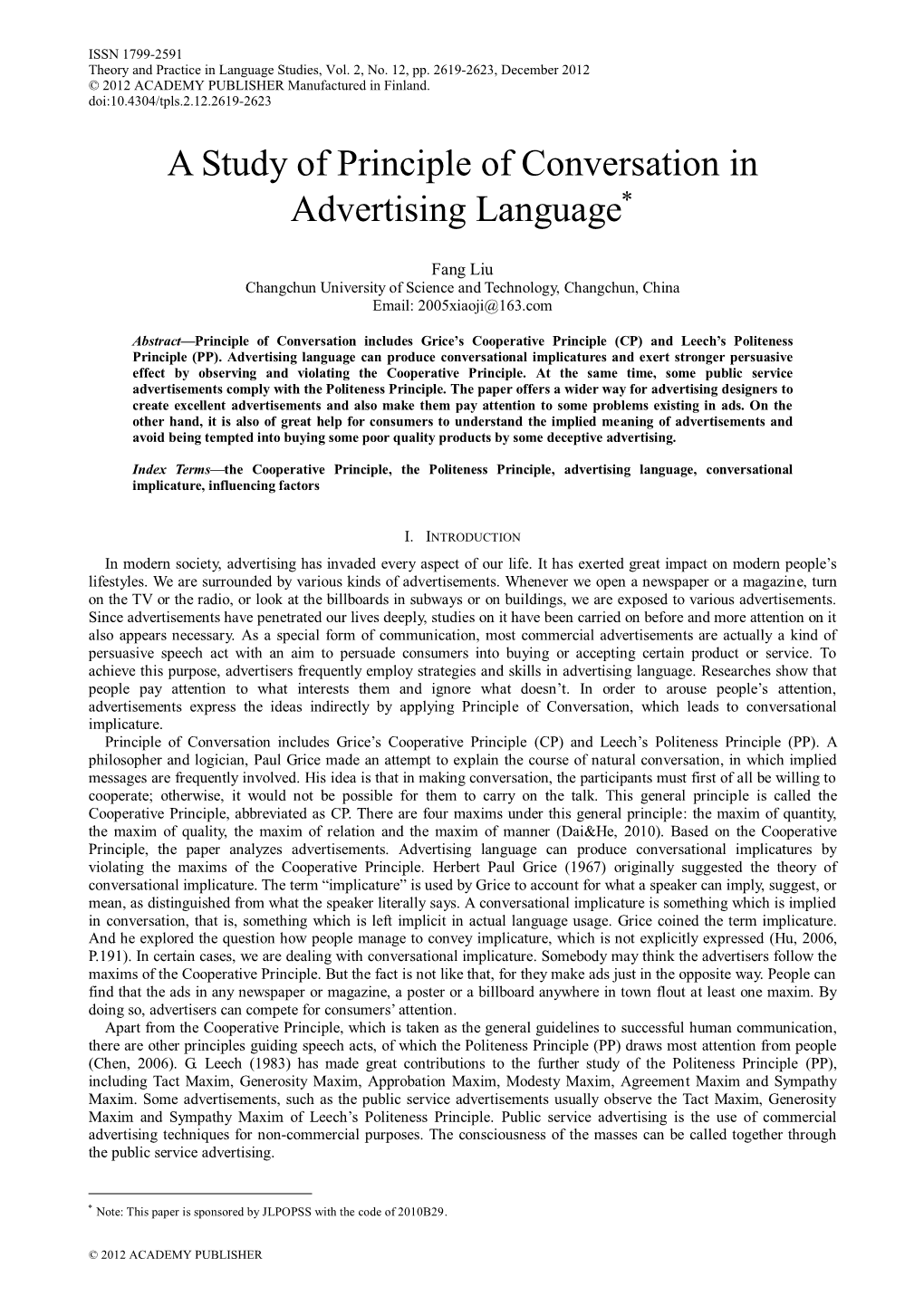 A Study of Principle of Conversation in Advertising Language