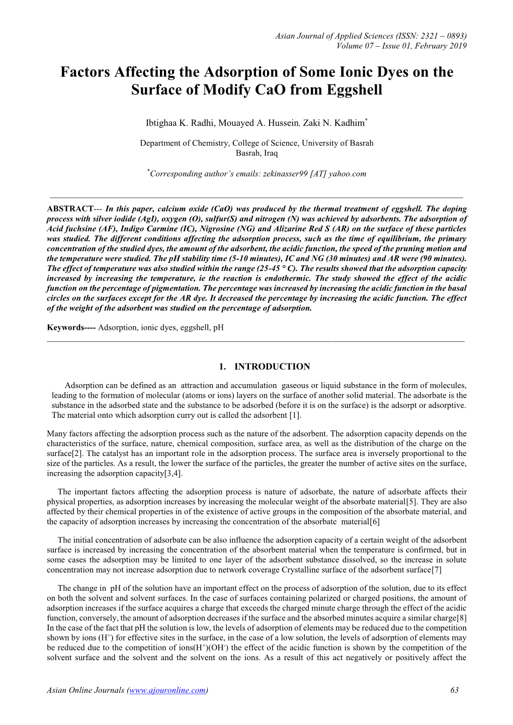 Factors Affecting the Adsorption of Some Ionic Dyes on the Surface of Modify Cao from Eggshell