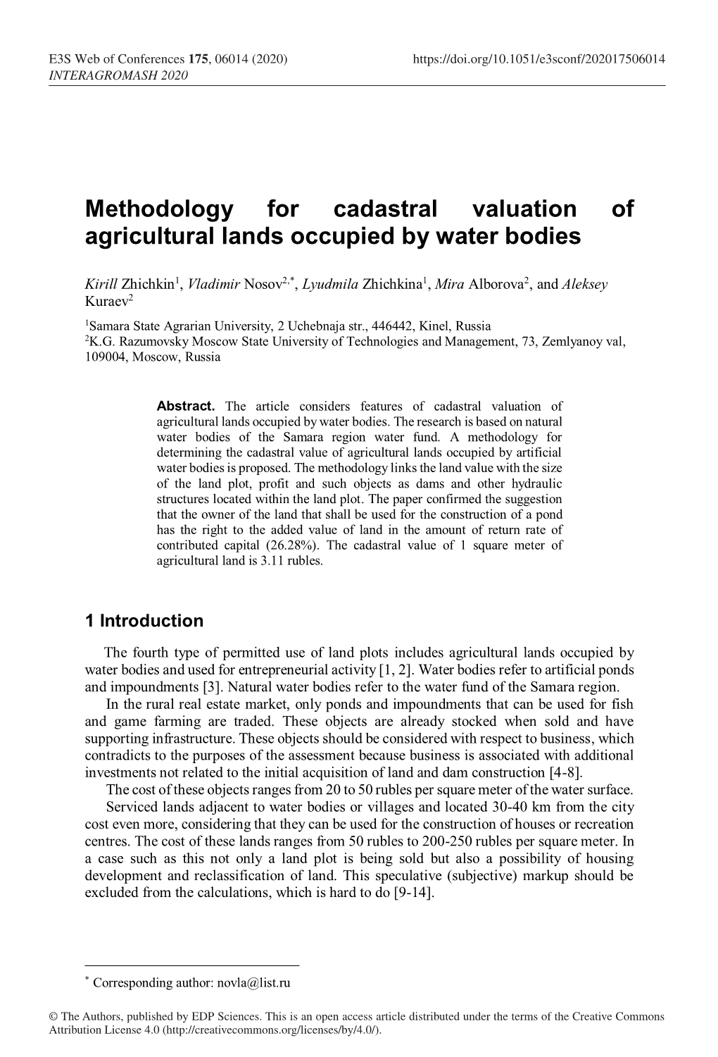 Methodology for Cadastral Valuation of Agricultural Lands Occupied by Water Bodies