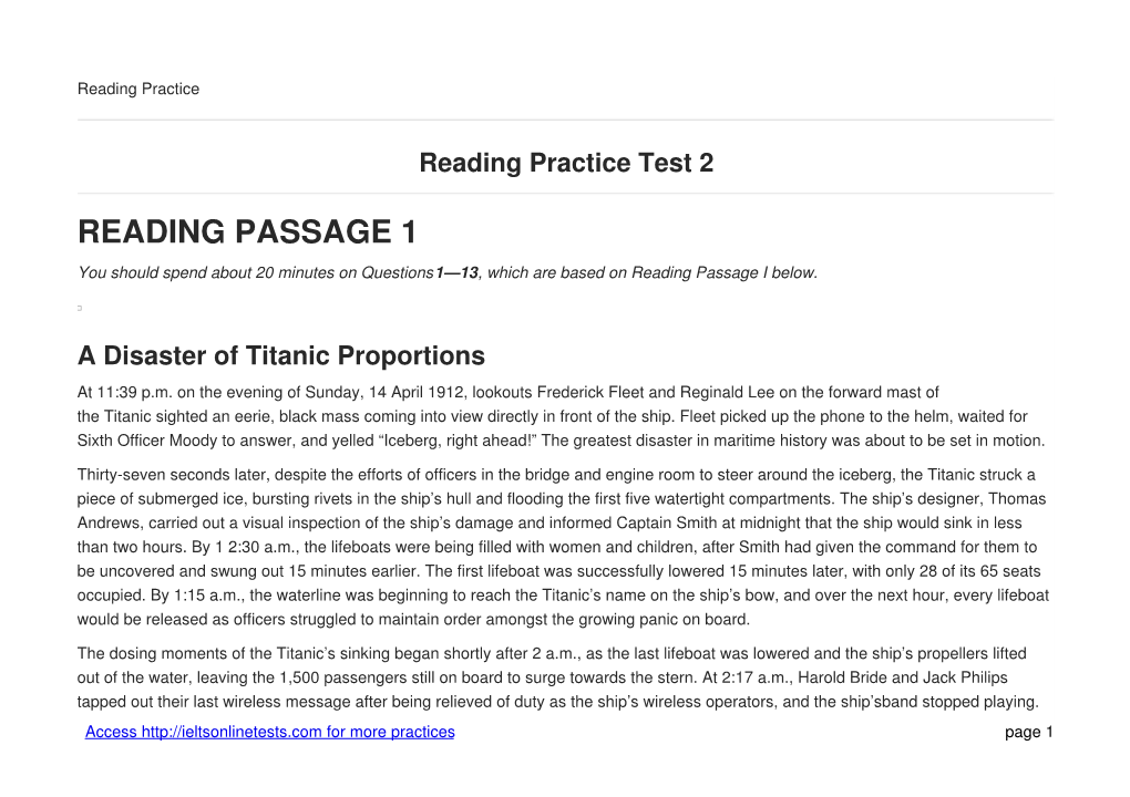 READING PASSAGE 1 You Should Spend About 20 Minutes on Questions 1—13, Which Are Based on Reading Passage I Below