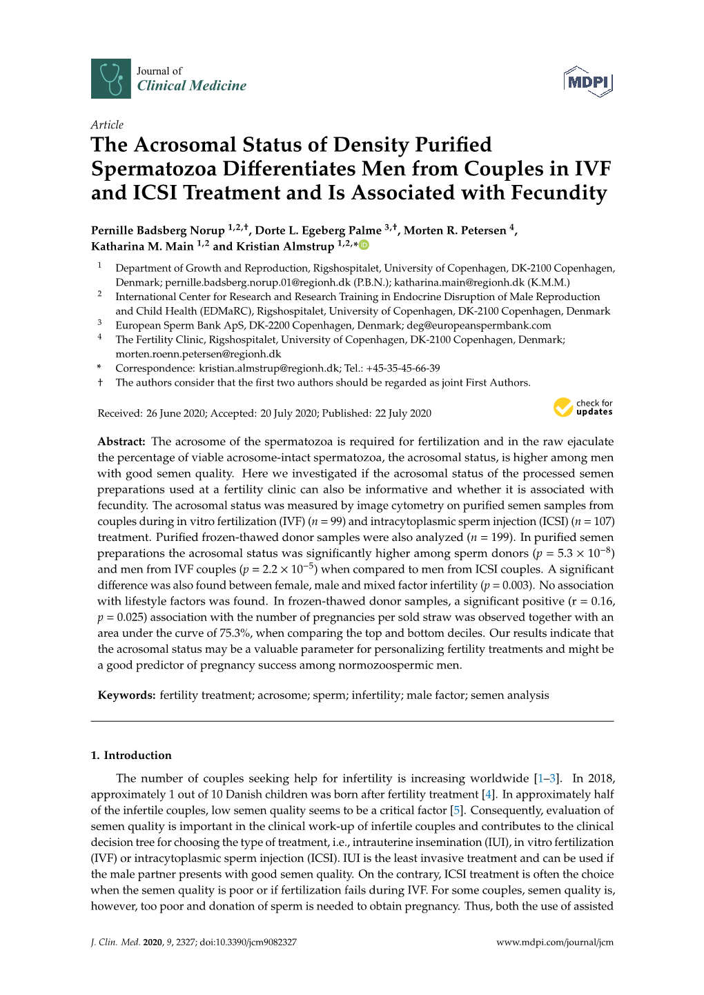 The Acrosomal Status of Density Purified Spermatozoa Differentiates