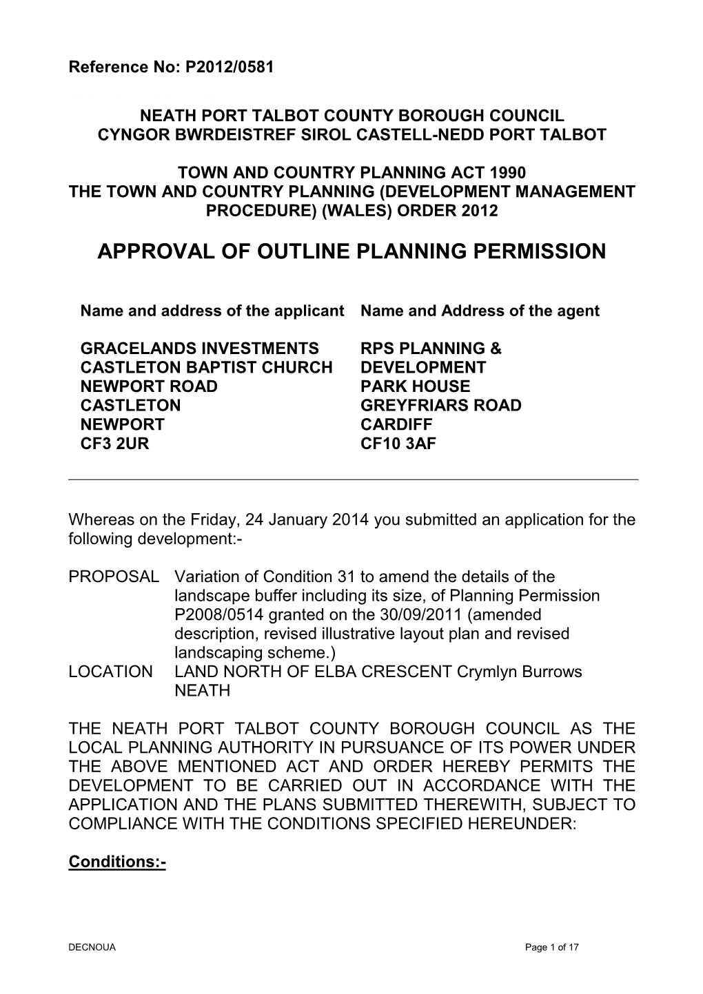 Approval of Outline Planning Permission