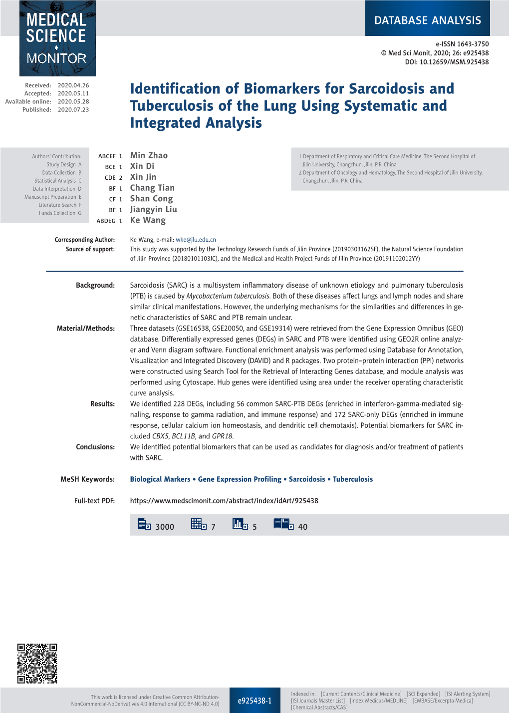 Identification of Biomarkers for Sarcoidosis and Tuberculosis of The