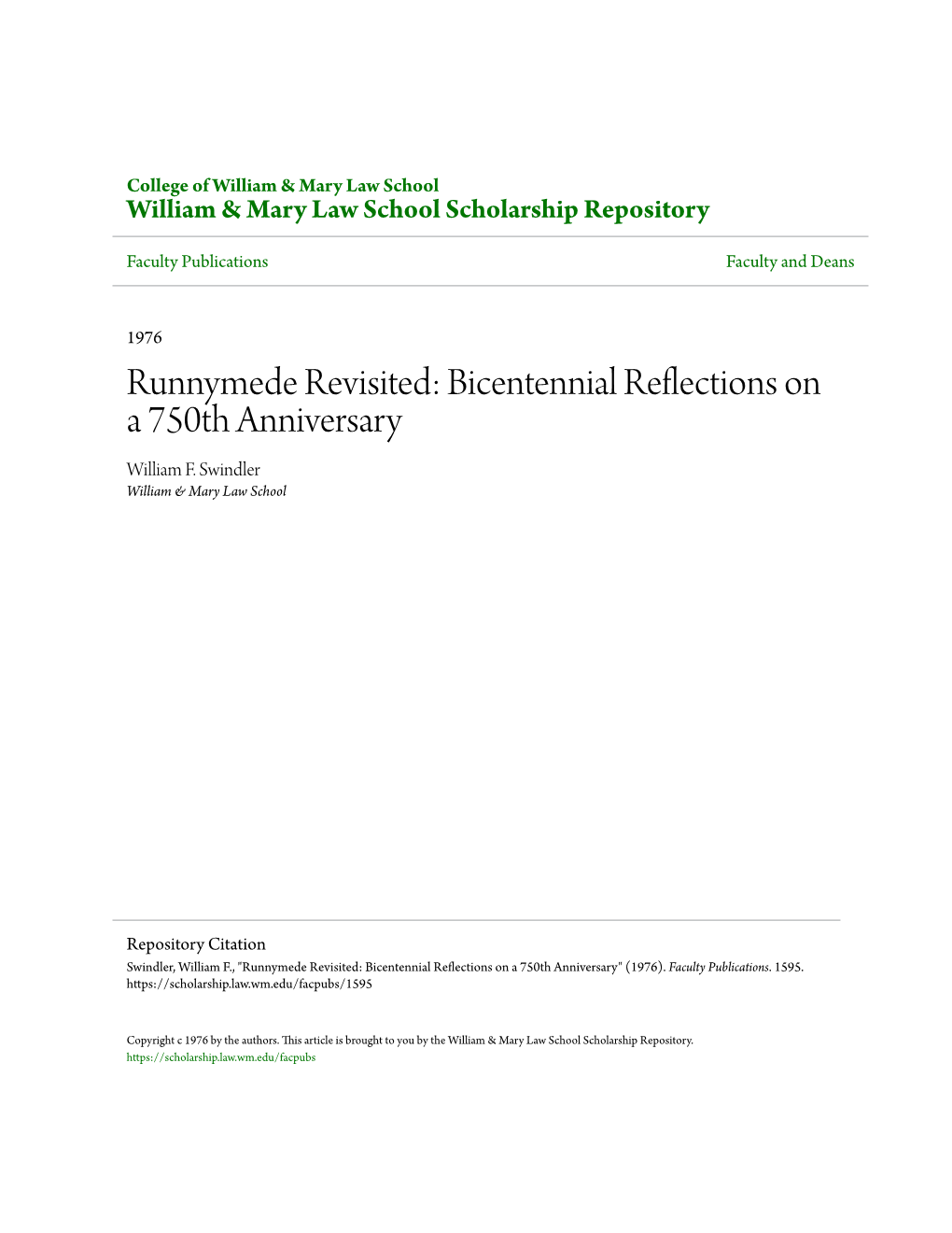 Runnymede Revisited: Bicentennial Reflections on a 750Th Anniversary William F