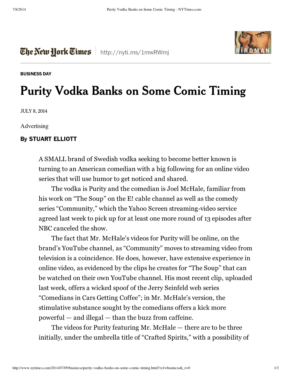 Purity Vodka Banks on Some Comic Timing - Nytimes.Com