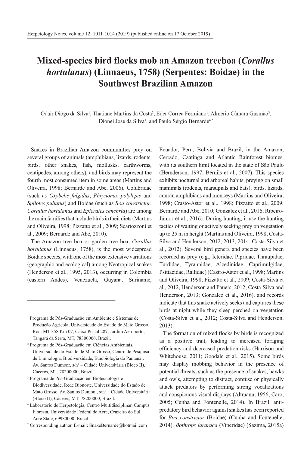 Mixed-Species Bird Flocks Mob an Amazon Treeboa (Corallus Hortulanus) (Linnaeus, 1758) (Serpentes: Boidae) in the Southwest Brazilian Amazon