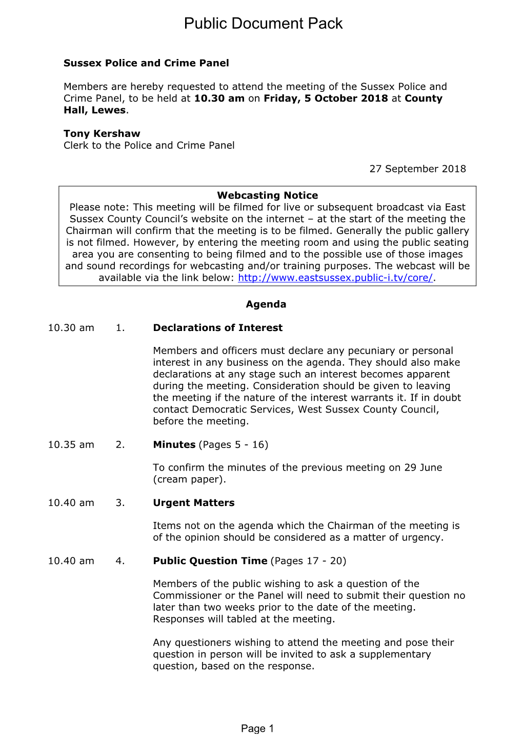 Agenda Document for Sussex Police and Crime Panel, 05/10/2018 10:30