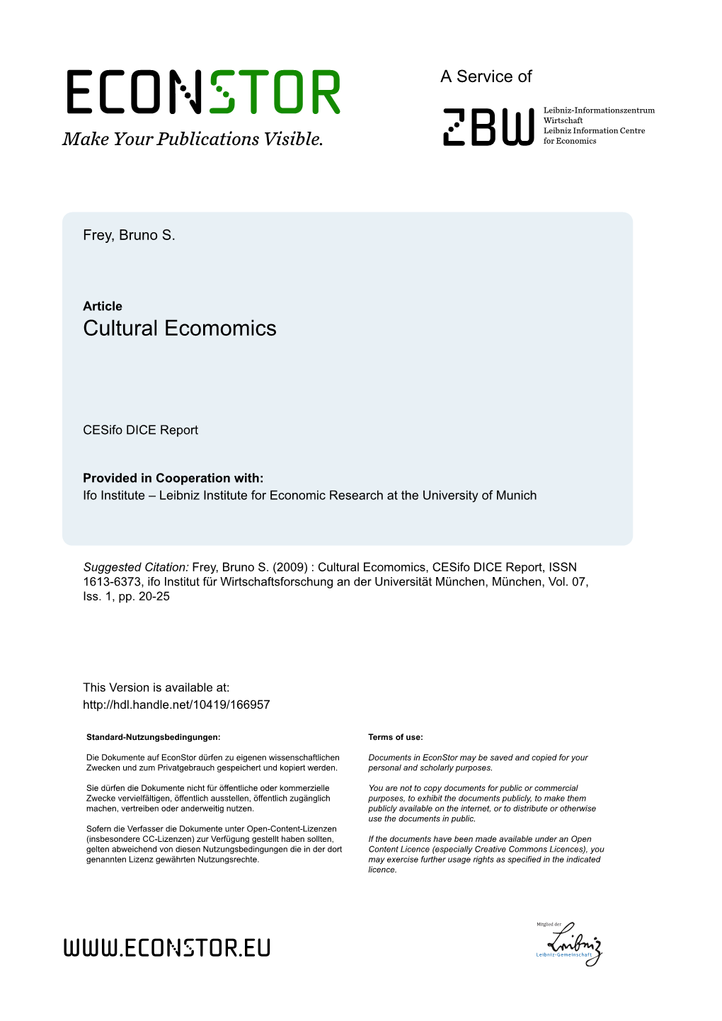 CULTURAL ECONOMICS Ternal Effects Produced by Cultural Activities