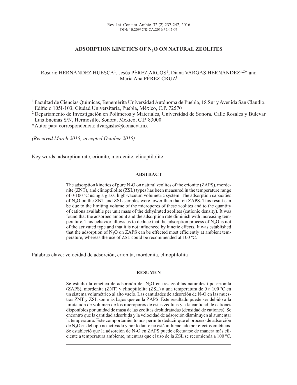 ADSORPTION KINETICS of N2O on NATURAL ZEOLITES Rosario