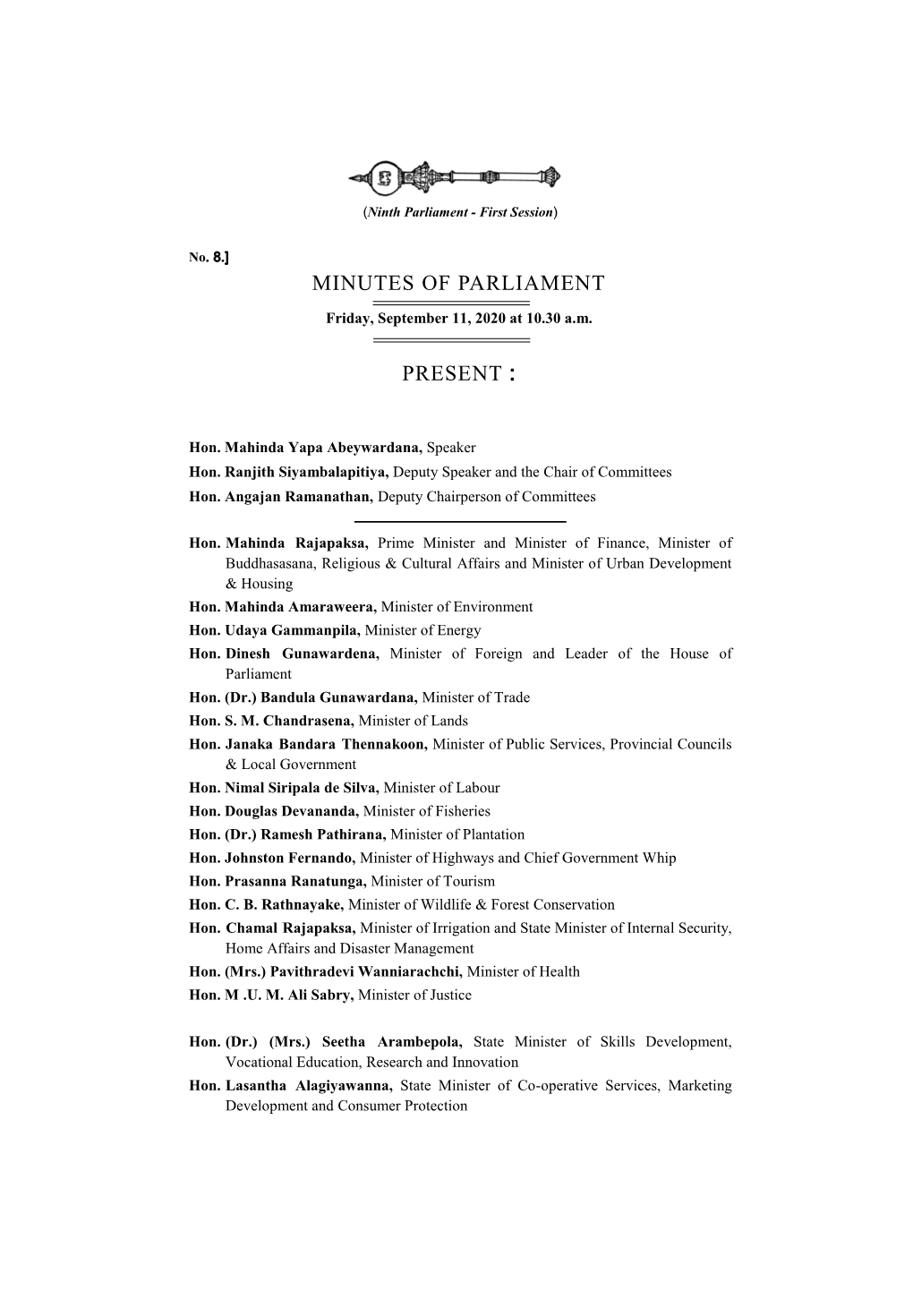 Minutes of Parliament for 11.09.2020