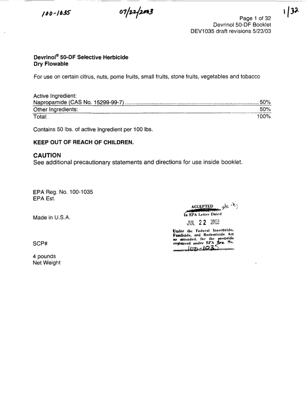 U.S. EPA, Pesticide Product Label, , 07/22/2003