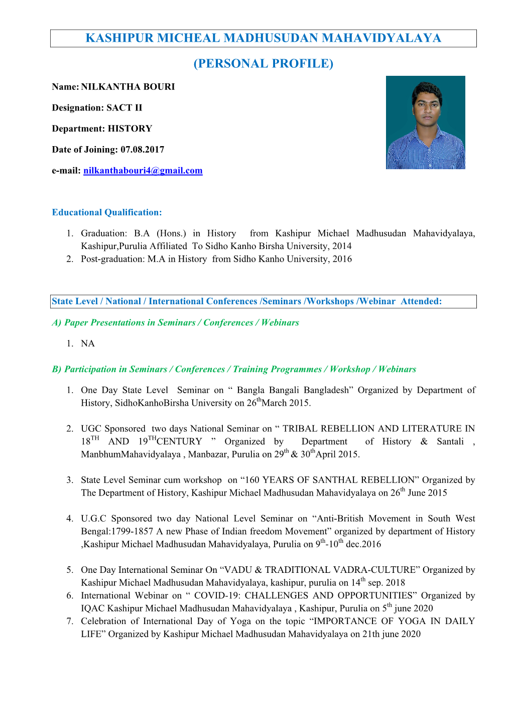 Kashipur Micheal Madhusudan Mahavidyalaya (Personal Profile)