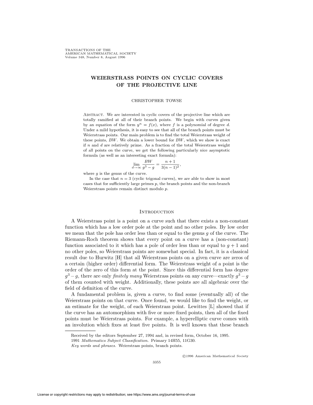 Weierstrass Points on Cyclic Covers of the Projective Line 3357