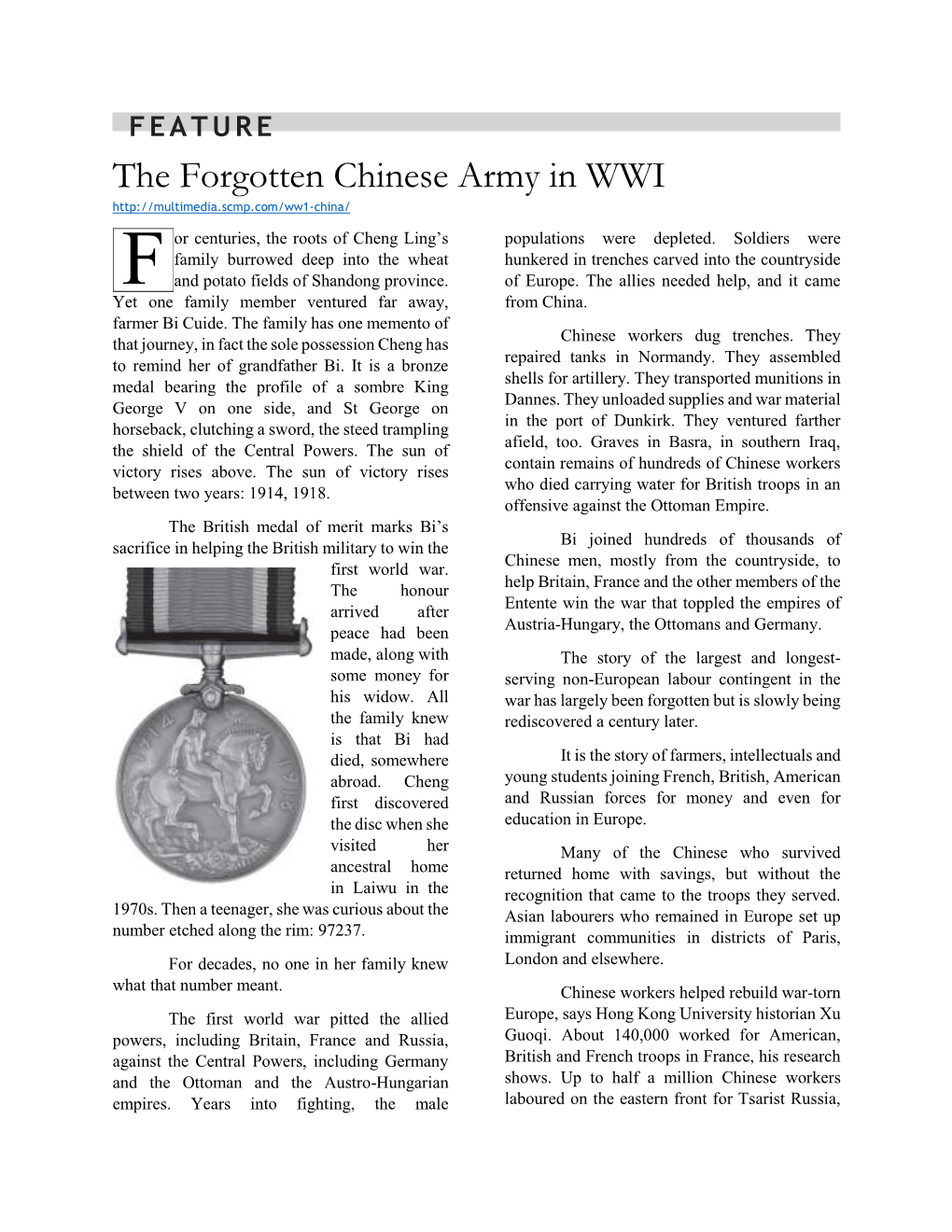 FEATURE the Forgotten Chinese Army in WWI Or Centuries, the Roots of Cheng Ling’S Populations Were Depleted