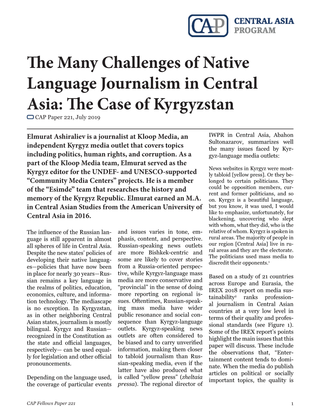 The Case of Kyrgyzstan CAP Paper 221, July 2019