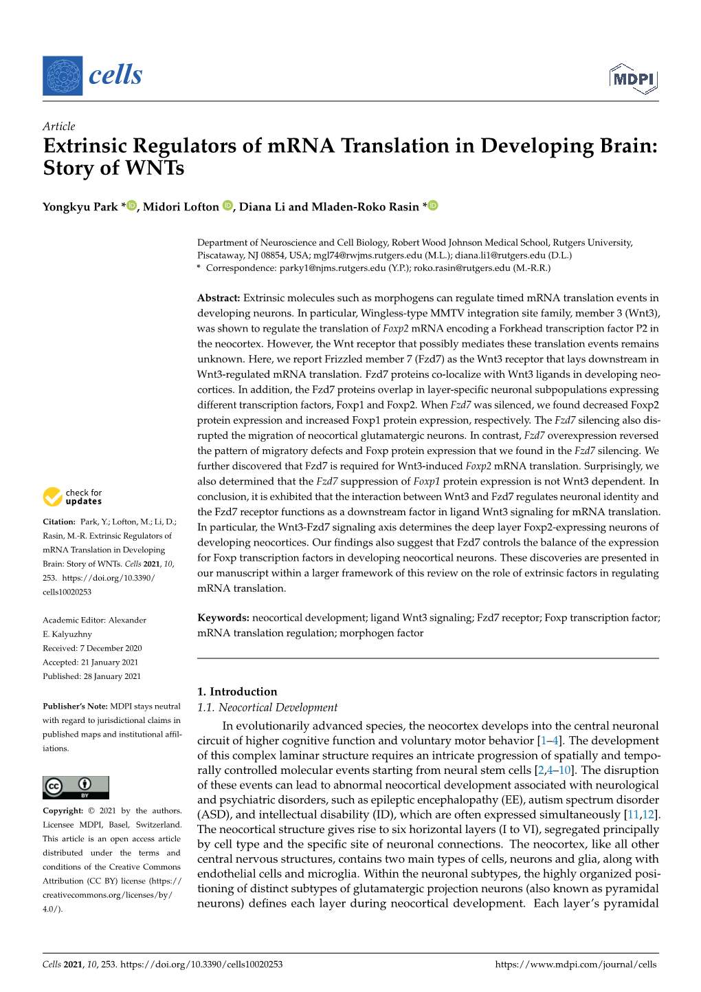 Extrinsic Regulators of Mrna Translation in Developing Brain: Story of Wnts