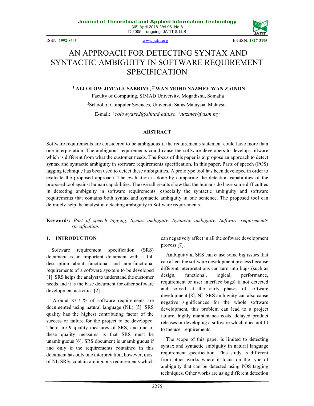 An Approach for Detecting Syntax and Syntactic Ambiguity in Software Requirement Specification