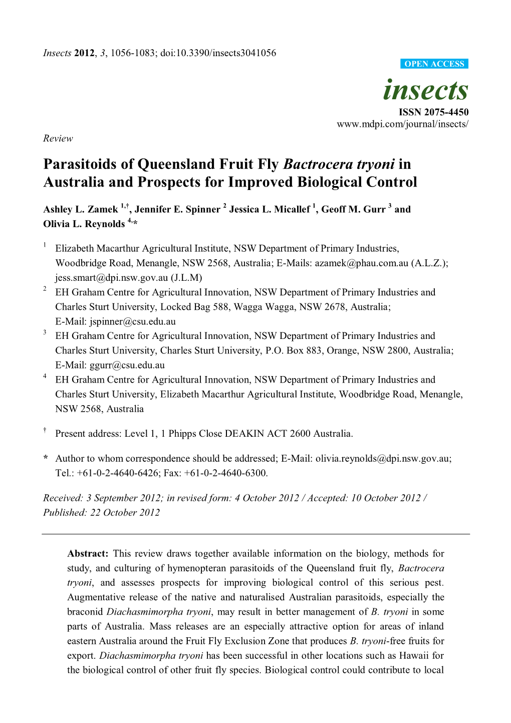 Parasitoids of Queensland Fruit Fly Bactrocera Tryoni in Australia and Prospects for Improved Biological Control