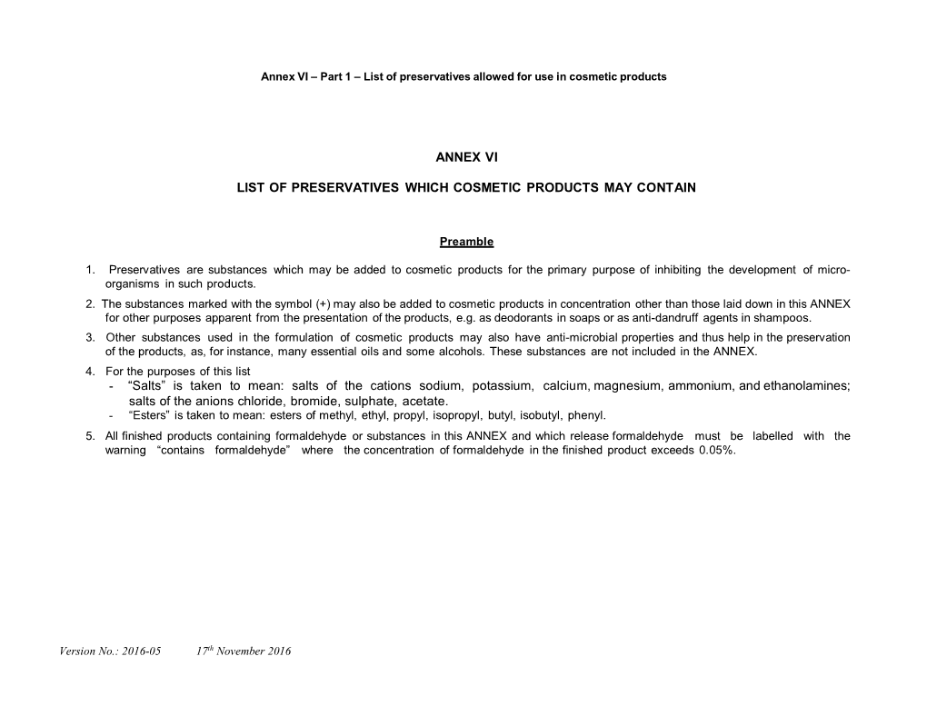 Annex Vi List of Preservatives Which Cosmetic Products May Contain