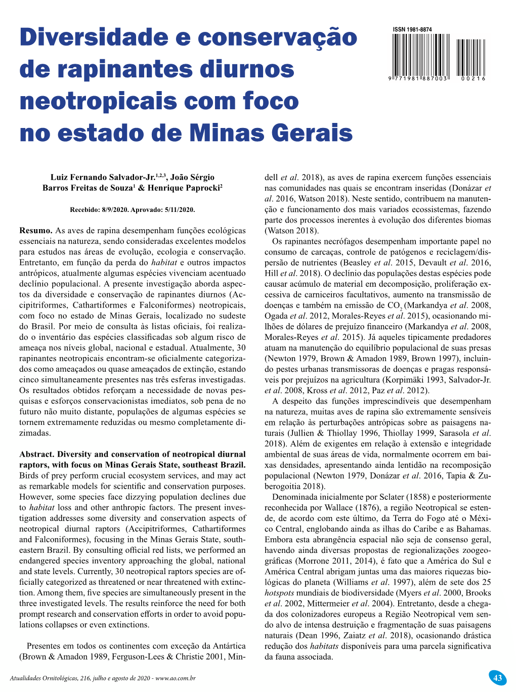 Diversidade E Conservação De Rapinantes Diurnos Neotropicais Com Foco No Estado De Minas Gerais