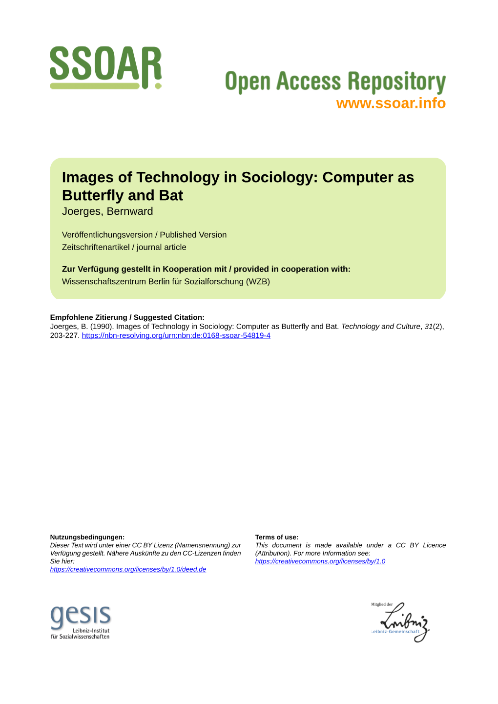 Images of Technology in Sociology: Computer As Butterfly and Bat Joerges, Bernward