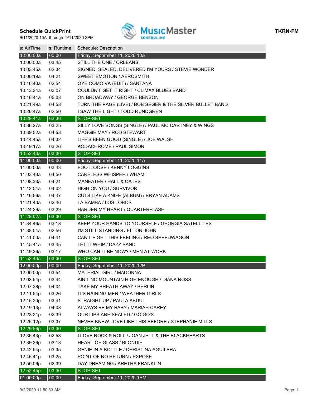 Schedule Quickprint TKRN-FM