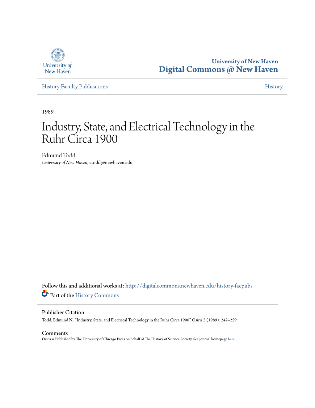 Industry, State, and Electrical Technology in the Ruhr Circa 1900 Edmund Todd University of New Haven, Etodd@Newhaven.Edu