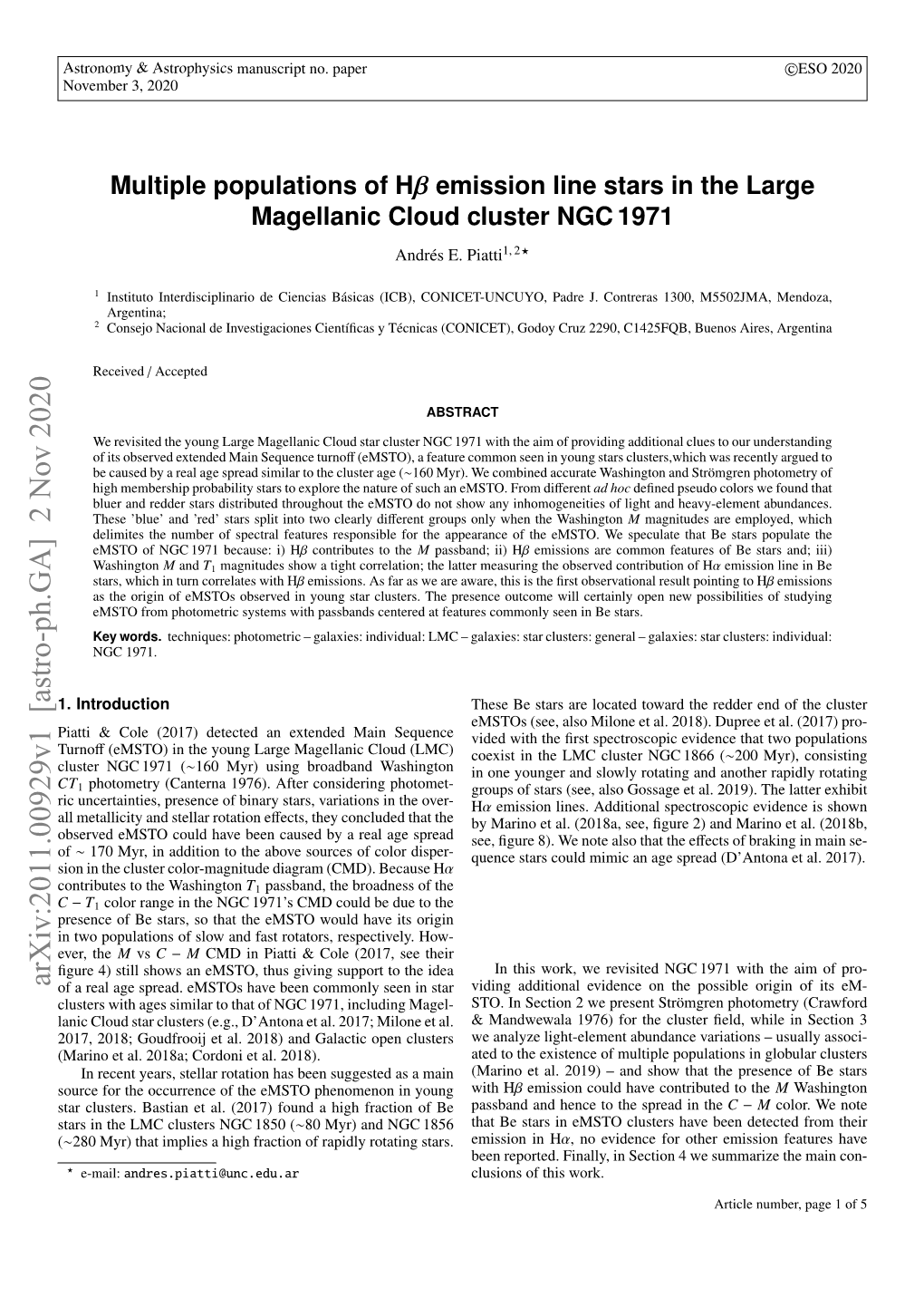 Arxiv:2011.00929V1 [Astro-Ph.GA] 2 Nov 2020 of a Real Age Spread