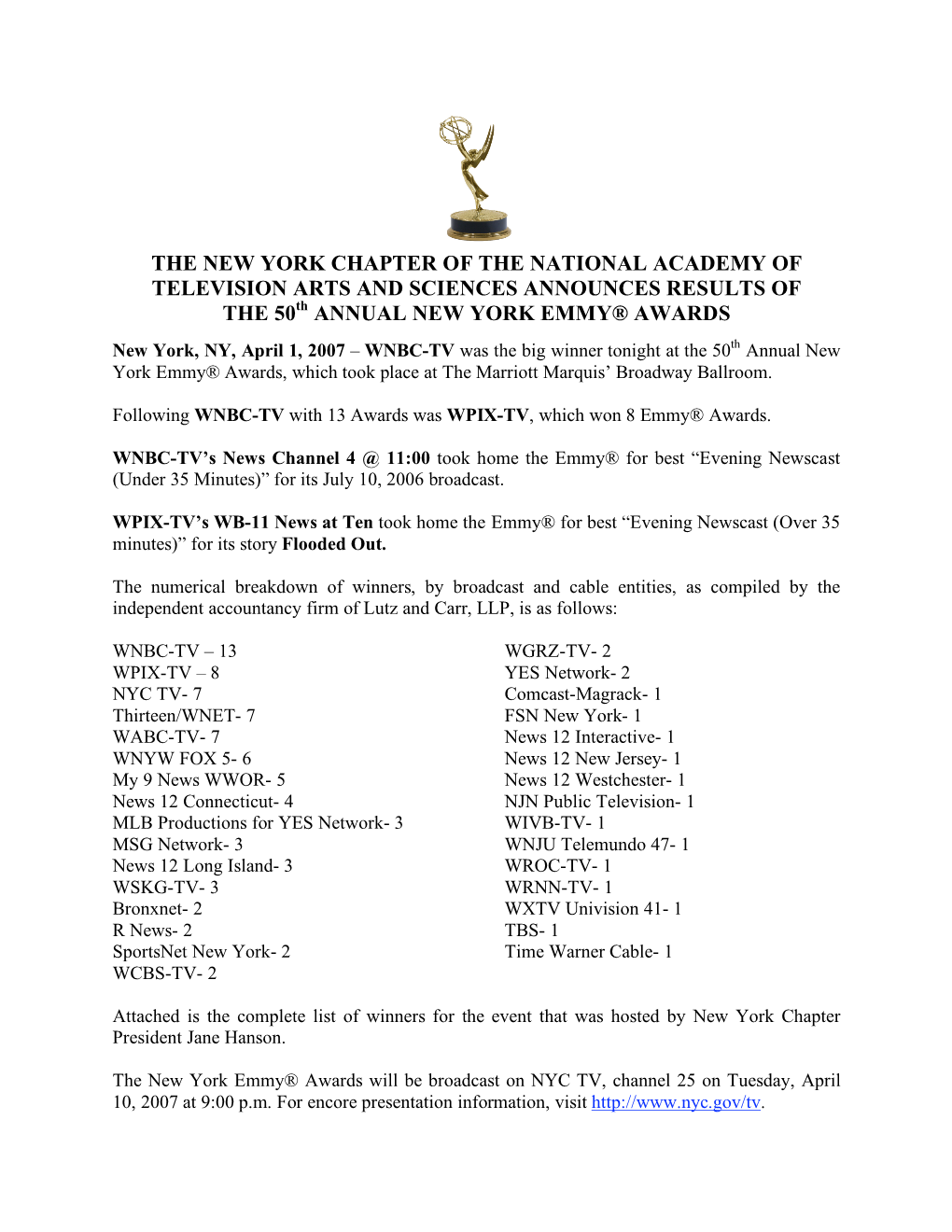 THE NEW YORK CHAPTER of the NATIONAL ACADEMY of TELEVISION ARTS and SCIENCES ANNOUNCES RESULTS of the 50Th ANNUAL NEW YORK EMMY® AWARDS